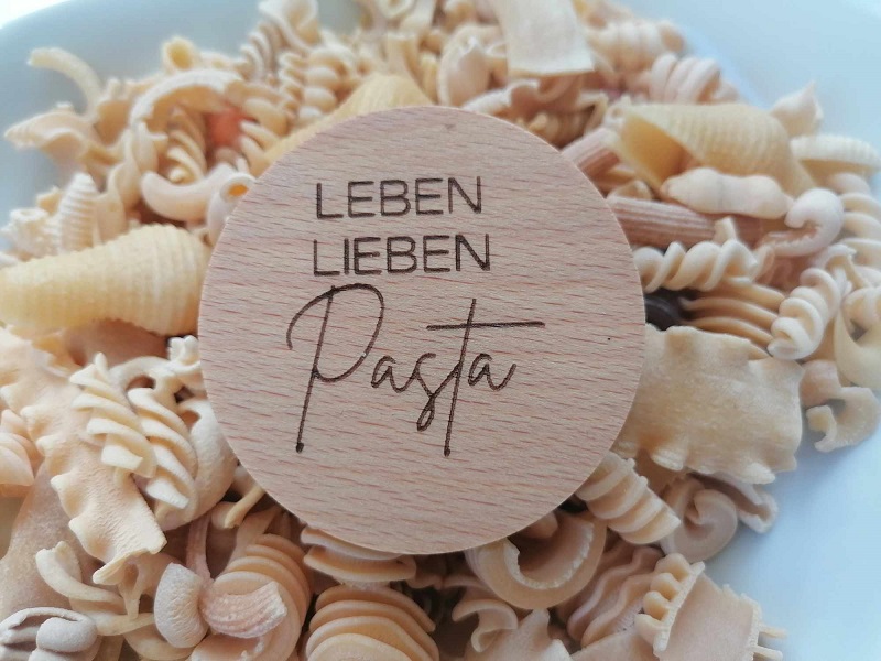 holzdeckel mit gravur "leben lieben pasta", Ø 67 mm u.a. für weck rr 60