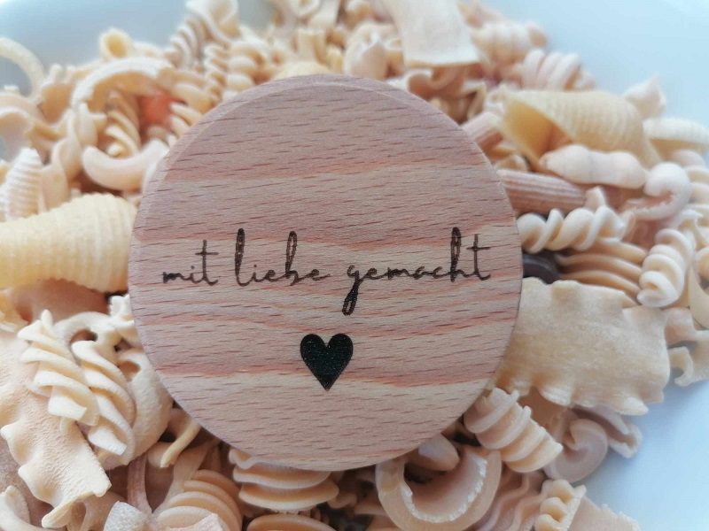 Tapa de madera con grabado “live, love pasta”, Ø 67 mm, etc. para weck RR 60