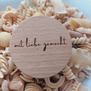 Couvercle en bois avec gravure « live, love pasta », Ø 67 mm, etc. pour weck RR 60