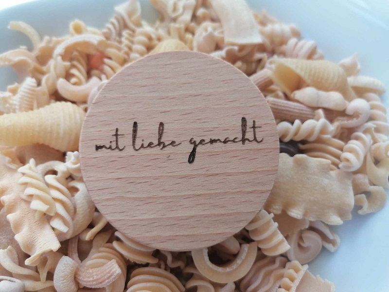 Couvercle en bois avec gravure « live, love pasta », Ø 67 mm, etc. pour weck RR 60