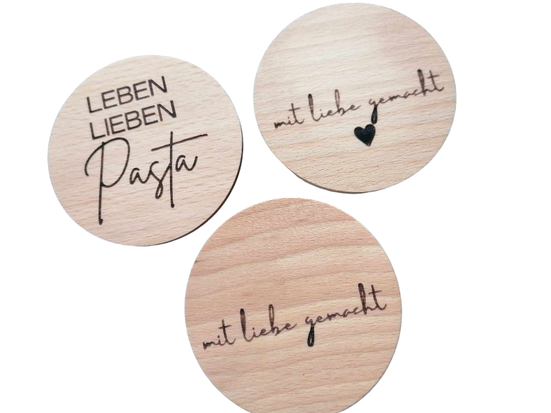 Tapa de madera con grabado "live, love pasta", Ø 67 mm, etc. para weck rr 60 (copia)