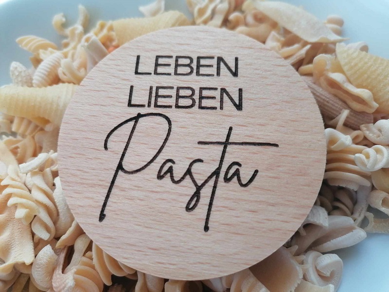 holzdeckel mit gravur "leben lieben pasta", Ø 67 mm u.a. für weck rr 60