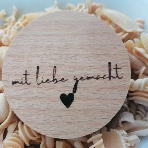 holzdeckel mit gravur "leben lieben pasta", Ø 67 mm u.a. für weck rr 60