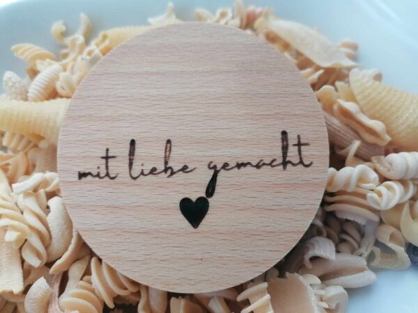 Couvercle en bois avec gravure « live, love pasta », Ø 67 mm, etc. pour weck RR 60