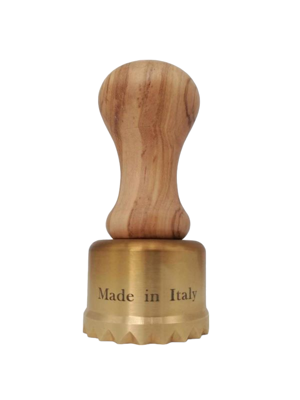 Round ravioli stamp made of brass with olive wood handle diameter 65 mm