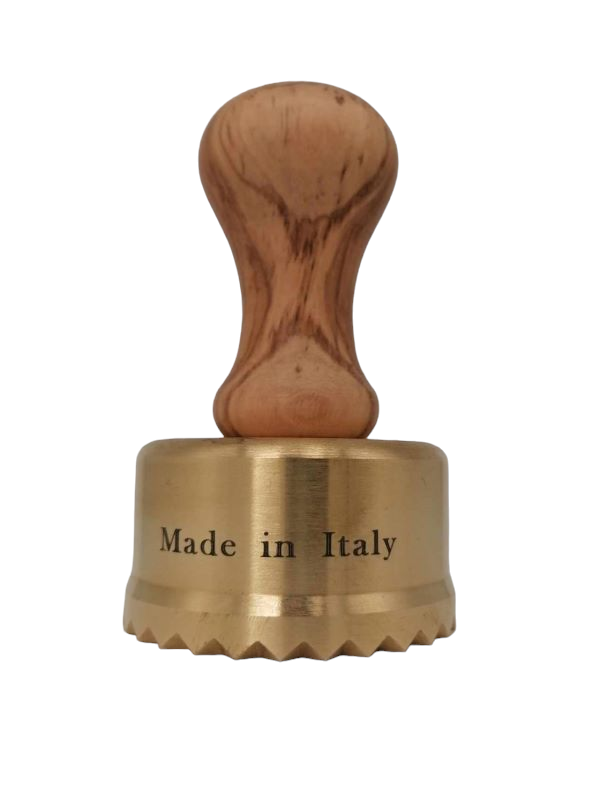 Round ravioli stamp made of brass with olive wood handle diameter 65 mm