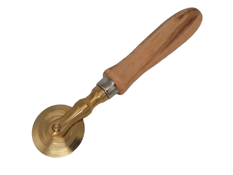 Round ravioli stamp made of brass with olive wood handle diameter 65 mm