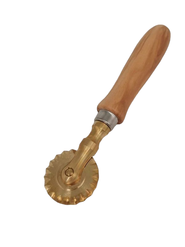 Round ravioli stamp made of brass with olive wood handle diameter 65 mm