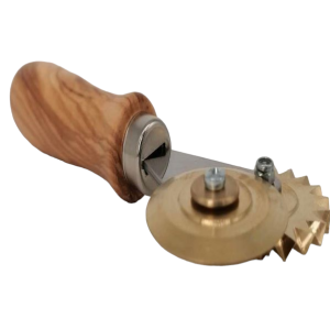 Double dough wheel / pasta cutter with smooth/serrated brass blade with olive wood handle