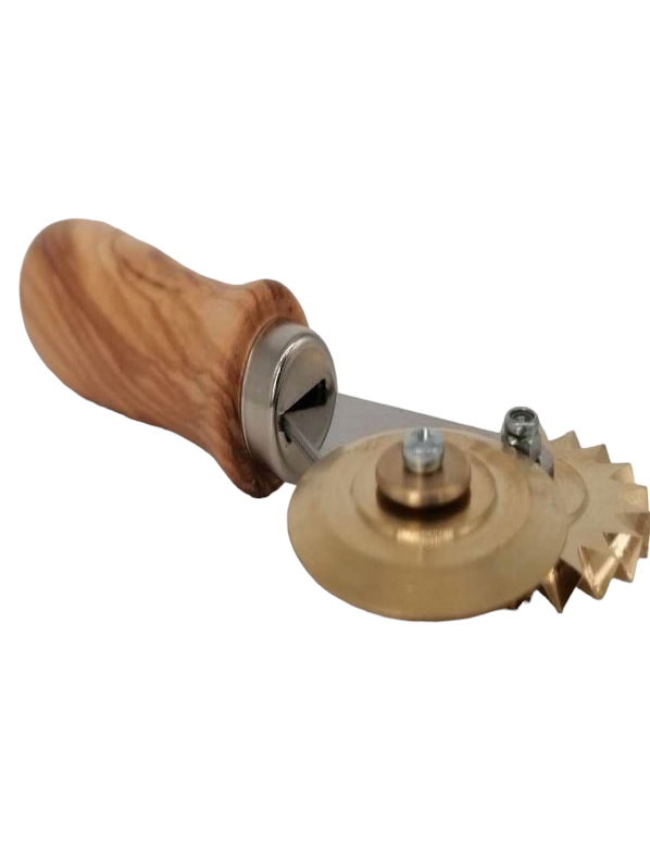 Double dough wheel / pasta cutter with smooth/serrated brass blade with olive wood handle