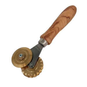 Double dough wheel / pasta cutter with smooth/serrated brass blade with olive wood handle