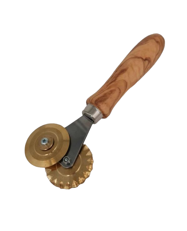 Double dough wheel / pasta cutter with smooth/serrated brass blade with olive wood handle