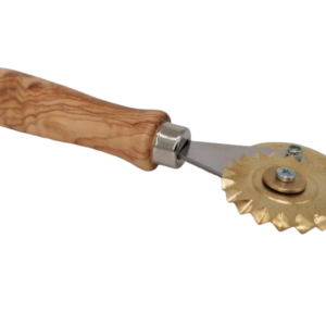 Double dough wheel / pasta cutter with smooth/serrated brass blade with olive wood handle