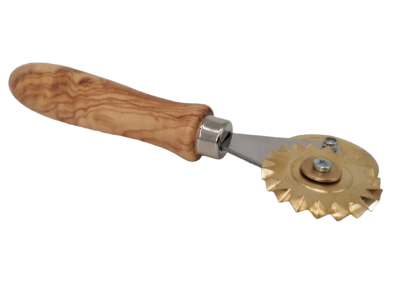 Double dough wheel / pasta cutter with smooth/serrated brass blade with olive wood handle
