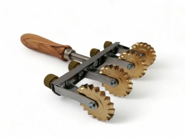 Adjustable dough cutter with two blades (smooth) made of brass with olive wood handle