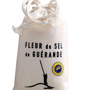 fleur de sel aus guérande im bedruckten baumwollbeutel 150gr bretagne (frankreich)